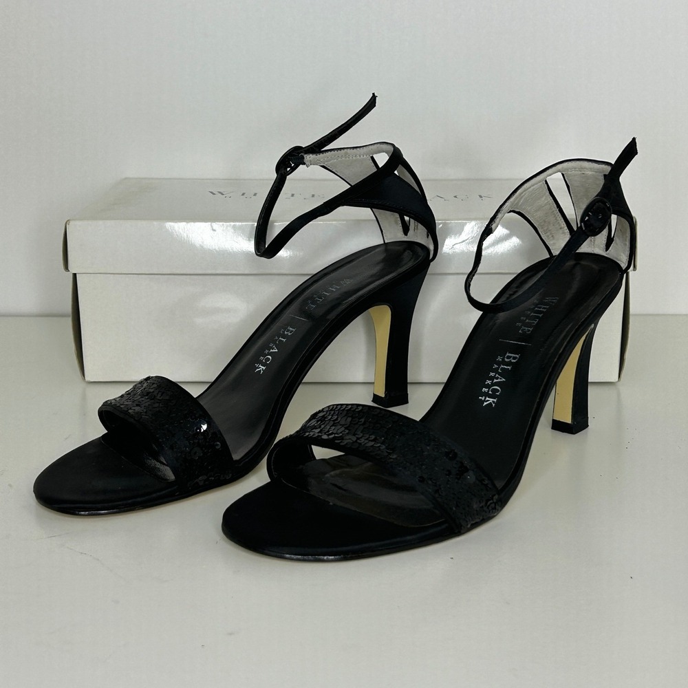 White House Black Market Womens Black Sequin Ankle Strap Heels Size 7.5B